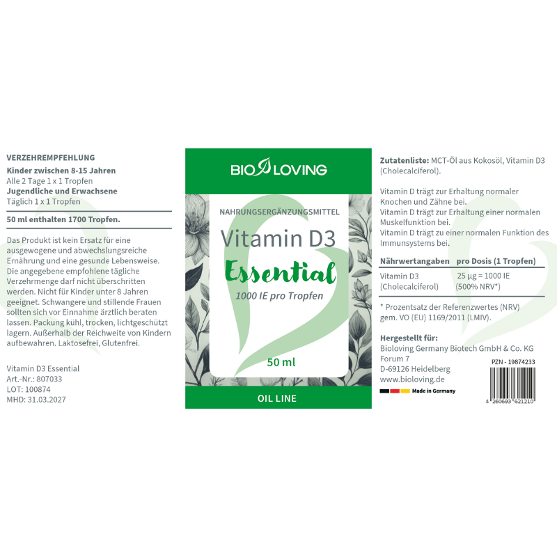 Huile de vitamine D3 - Essentielle - Liquide – 50 ml environ 1700 gouttes | 1 goutte = 25 µg (1000 UI)