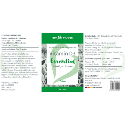 Vitamin D3 Oil - Essential - Liquid – 50 ml approx. 1700 drops | 1 drop = 25 µg (1000 IU)